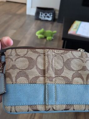 Coach Beige Signature Canvas Wristlet with Light Blue Accent